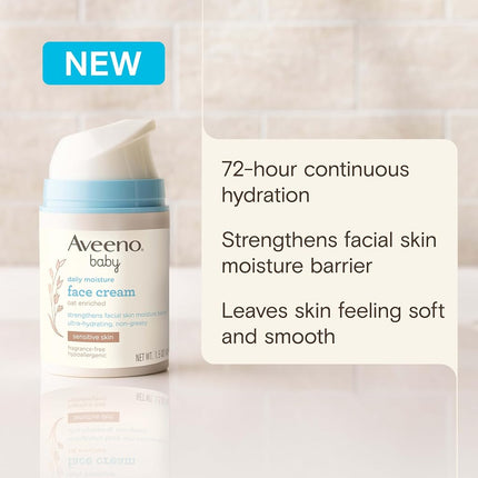 Aveeno Baby Daily Moisture Face Cream, Oat Enriched Moisturizing Cream for Babies’ Sensitive Facial Skin, Strengthens Skin’s Moisture Barrier, Ultra-Hydrating, Non-Greasy, Fragrance-Free, 1.5 oz