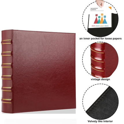 Vintage 3 Ring Binder, 2 Inch Capacity D Ring Leather Binder, Classical Collection Executive Presentation View Binder with Pocket, Professional Binder Organizer Planner (Holds 400 Sheets), Dark Red