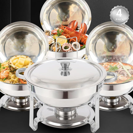 Elegant Silver Chafing Dishes for Buffet 4 Pack, 5QT Stainless Steel Food Warmers - Secure Packaging, Easy Assembly & Smooth Edges for Safe Serving at Parties, Catering, Weddings