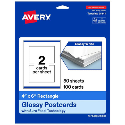 Avery Printable Rectangle Cards, Sure Feed Technology, 4" x 6", Glossy White Cardstock, Print-to-the-Edge, Laser/Inkjet, 100 Total, Great for Postcards and Thank You Cards