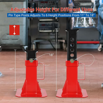 Heavy Duty Car Jack Stand, Heavy Duty Pin Type Professional Car Jack Stand with Lock, Automotive Jack Stands, Adjustable Height 11"-18", 12 Ton (26,400 Lb) Capacity, Red, 1 Pair