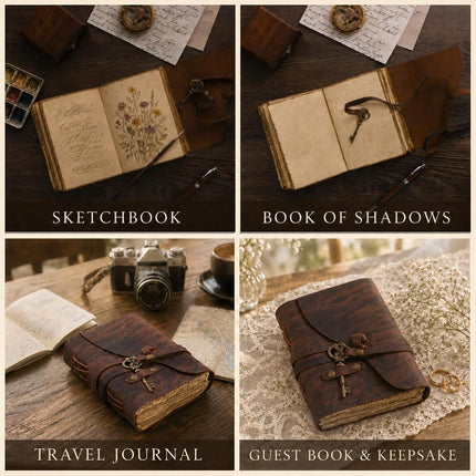 Vintage Leather Journal - Antique Handmade Deckle Edge Vintage Paper Leather Bound Journal - Book of Shadows Journal - Leather Sketchbook - Drawing Journal - Great Gift (Red Brown, 7.5"x5.5")