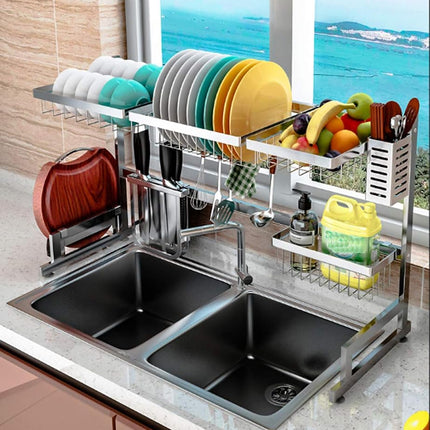 Égouttoir à vaisselle en acier inoxydable à poser sur l'évier, étagère de rangement pour vaisselle et ustensiles de cuisine, organisateur de comptoir de cuisine, porte-ustensiles, économiseur d'espace de cuisine (pour évier ≤ 33,5 pouces)