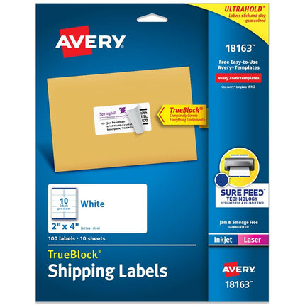 Avery Shipping Labels with TrueBlock Technology 2" x 4", Pack of 100 (18163)