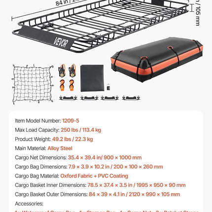 VEVOR Roof Rack Basket, 84 x 39 x 4.1 in, Universal Rooftop Cargo Carrier with 7.9 x 3.9 x 10.2 in Cargo Bag, Net, Ratchet Straps, 250 lbs Max Load Capacity Car Top Luggage Holder, for SUV Truck Car