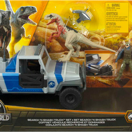 Coffret Camion Mattel Jurassic World Recherche et Destruction avec dinosaure Atrociraptor et figurine humaine, véhicule avec fonctions de destruction