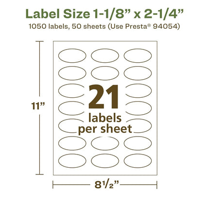Avery EcoFriendly Matte White Recycled Oval Labels, 1-1/8" x 2-1/4", Print-to-The-Edge, Matte White Labels, Permanent Adhesive, Laser/Inkjet Printable, 1,050 Total