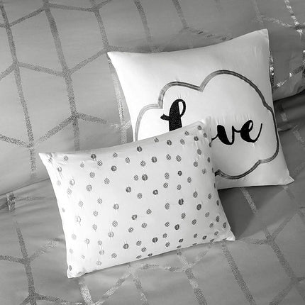 Intelligent Design Raina King/Cal King Comforter Set, Soft Microfiber Comforter Set King, Modern Geometric Metallic Bed Set, 5 Pieces College Bedding Comforter Set with 2 Shams, 2 Toss Pillows Grey