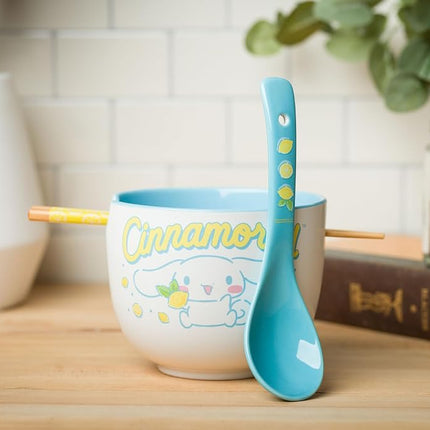 Silver Buffalo Sanrio Cinnamorll Holding Lemon Boxed Ceramic Ramen Bowl with Chopsticks and Spoon 20 Ounces