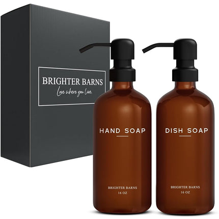 Amber Glass Hand and Dish Soap Dispenser Set by Brighter Barns - Modern Kitchen Decor & Accessories for Airbnb, RV, Office, Housewarming Gifts (Amber)