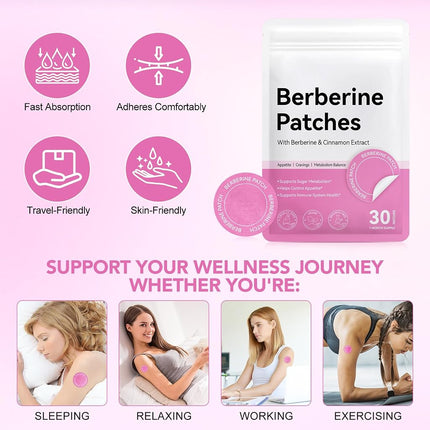 Arkture Berberine Patches for Women and Men, with Cinnamon, Pomegranate, 8-Hour Long-Lasting Formula Support, Applied to Various Parts of The Body, 30 Patches