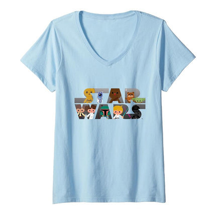Womens Star Wars Logo Kawaii Multi-Character V-Neck T-Shirt