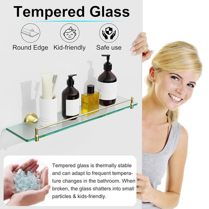 KOCOK 20 Inches Glass Shelves for Bathroom, Brushed Gold Floating Glass Shelf Stainless Steel Tempered Glass Bathroom Shelves for Wall Mount Modern