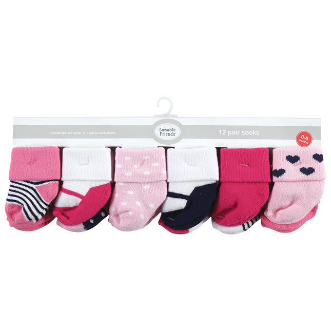 Luvable Friends Baby, Navy Mary Janes, Unisex Newborn Terry Socks, 0-6 Months, (Pack of 12)