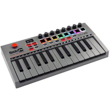 RockJam 25-Key Rechargeable USB MIDI Keyboard Controller – Mini Piano Keyboard with Velocity-Sensitive Pads, Synth Controller, Bluetooth/Wired MIDI, Arpeggiator, DAW Compatible