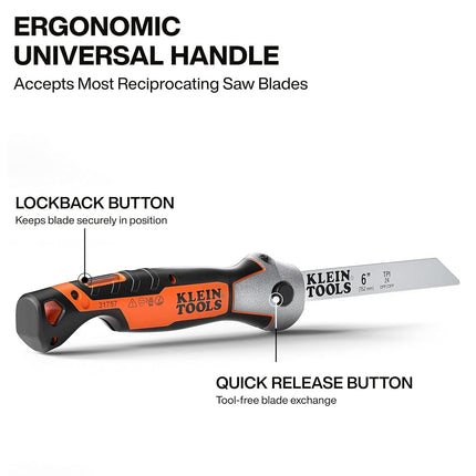Klein Tools 31757 Folding Multi-Purpose Jab Saw, Multiple Blades Included, Dual-Locking Positions, Cuts Drywall, Metal, Wood, and Plastic