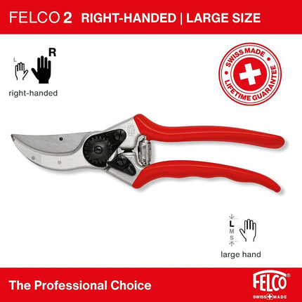 FELCO 2 Pruning Secateurs – 25 mm Cutting Diameter, for Large Hands, 215 mm Length, with Sap Groove, Straight Handles, Red
