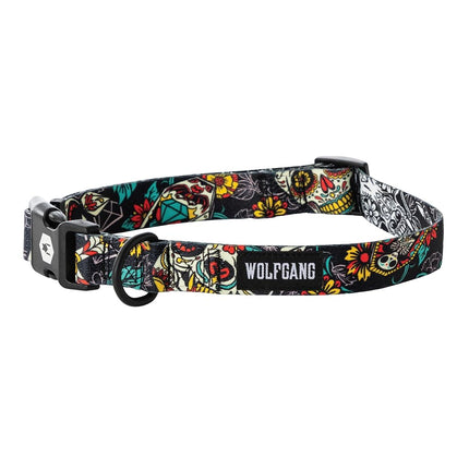 Wolfgang Adjustable Dog Training Collars, Durable & Easy to Clean Nylon Dog Collar with Quick Clip Buckles, for Training & Daily Use Made in USA, LosMuertos Print, (1 Inch x 12-18 Inch)