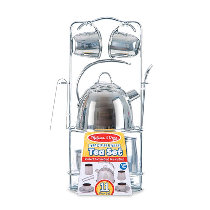 Melissa & Doug Stainless Steel Pretend Play Tea Set and Storage Rack for Kids (11 pcs)
