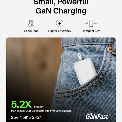 Cargador de pared Belkin BoostCharge Pro de 65W con doble USB-C GaN, cargador multipuerto con 2 puertos de carga rápida USB-C PD 3.0 para MacBook, iPhone, iPad, Galaxy, Google Pixel y más
