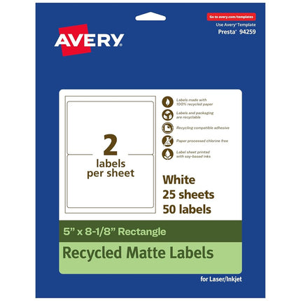 Avery EcoFriendly Matte White Recycled Rectangle Labels, 5" x 8-1/8", Matte White Labels, Permanent Adhesive, Laser/Inkjet Printable, 50 Total