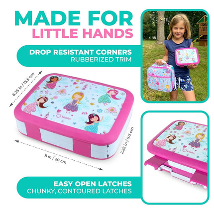 Bento Box, Lunch Bag, Ice Pack Water Bottle Set for Kids - 5 Compartments, Removable Tray, Lunches or Snack Container Girls Toddlers Daycare Pre-School, Kindergarten Pink Fairy Princess