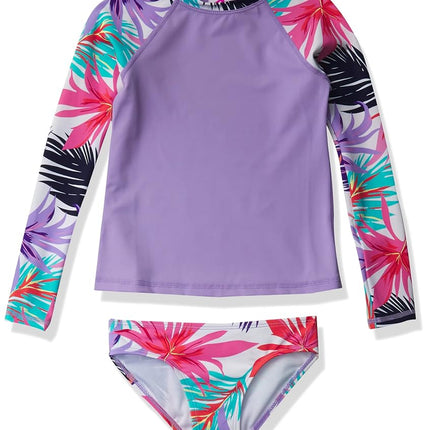 Kanu Surf Girls' Long Sleeve Rashguard Two Piece Swim Set, Cool Breeze White, 14/16