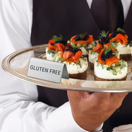 Gluten Free Stainless Steel Metal Table Tent Sign - 3" x 1-1/2" - Table Top Setting for Restaurants, Catering Businesses, Business. Great for Wedding, Banquet, Buffet, Party, Events. To Label Food