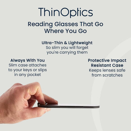 ThinOptics Reading Glasses 2.00, Black Frame, 4mm Case, for Men and Women