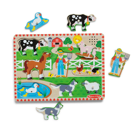 Melissa & Doug Rompecabezas musical de la Granja de Old MacDonald – Rompecabezas de madera con 8 piezas y clavijas, con sonidos activados por la luz, juguete de aprendizaje musical para niños pequeños y preescolares de 2 años en adelante