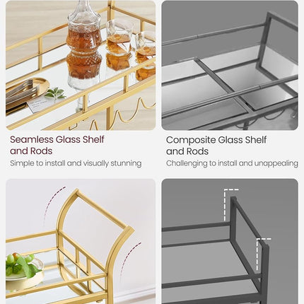 VASAGLE Bar Cart Gold, Home Bar Serving Cart, Wine Cart with 2 Mirrored Shelves, Wine Holders, Glass Holders, for Kitchen, Dining Room, Gold ULRC090A03