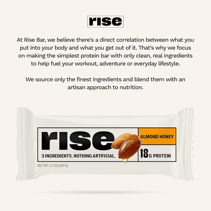 Rise Bar Non-GMO, Gluten Free, Soy Free, Real Whole Food, Whey Protein Bar (20g), No Added Sugar, Almond Honey High Protein Bar with Fiber, Potassium, Natural Vitamins & Nutrients 2.1oz, (12 Count)