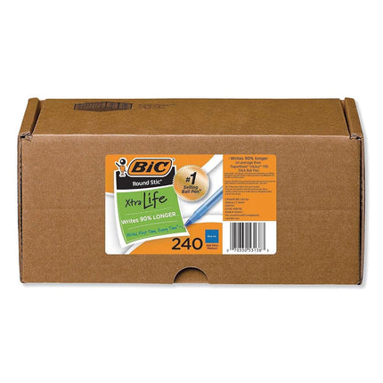 BIC GSM240BE Round Stic Xtra Life Stick Ballpoint Pen, 1.2 mm, Blue Ink, Gray Barrel, 240/Carton
