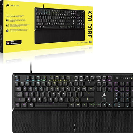 CORSAIR K70 CORE RGB Mechanical Wired Gaming Keyboard with Palmrest – Pre-Lubed MLX Red Linear Switches, SOCD, ABS Double-Shot Keycaps, Sound Dampening, Media Control Dial, QWERTY NA – Black