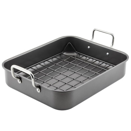 Rôtissoire/Plat de cuisson antiadhésif Rachael Ray avec grille réversible, 41,9 cm x 34,3 cm, gris