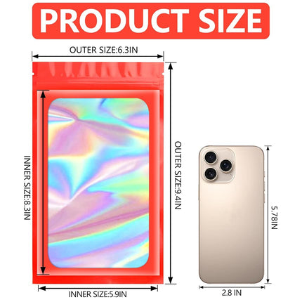 Funfery 100pcs Red Mylar Holographic Bags-Resealable Zipper&Clear Window