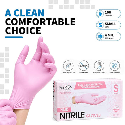 ForPro Disposable Nitrile Gloves, Chemical Resistant, Powder-Free, Latex-Free, Non-Sterile, Food Safe, 4 Mil, Pink, Small, 100-Count