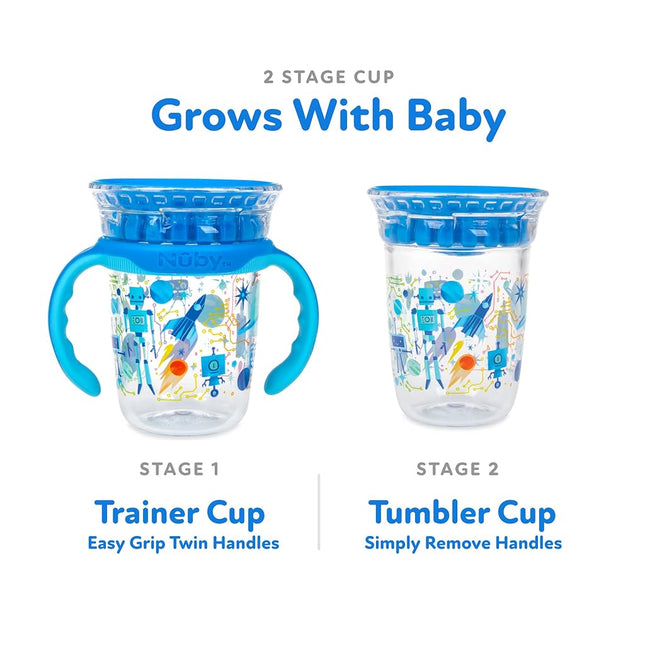 Nuby 360 Edge 2 Stage Drinking Rim Cup with Removable Handles & hygienic Cover: 8 Oz/ 240 Ml, 12M+, Robot, Blue