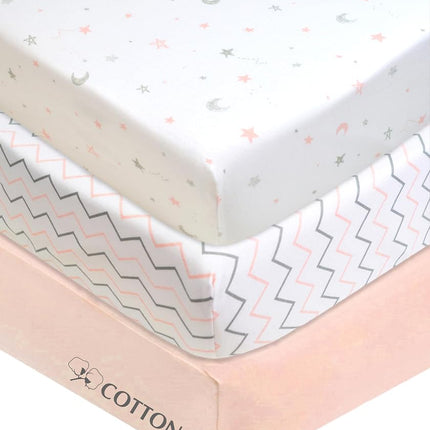 Sábana ajustable de punto de jersey 100% algodón natural American Baby Company para cuna portátil/mini cuna, rosa estrella/zigzag, 24" x 38" x 5", suave transpirable, para niñas, paquete de 3