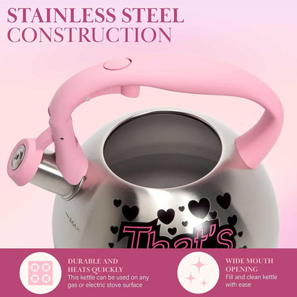 Paris Hilton Whistling Stovetop Tea Kettle, Stainless Steel with Color Changing That's Hot Heat Indicator Design, Soft Touch Handle, 2.5-Quart, Pink