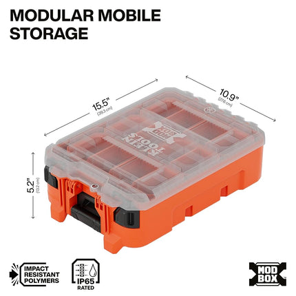 Klein Tools 54500MBX MODbox Tall Compartment Box, Half-Width Tool Organizer, Small Parts Tool Box with 10 Compartments, 4 Removable Bins, Stackable Module