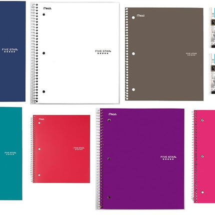 Cahiers à spirale Five Star, 1 matière, lignage grands carreaux, 100 feuilles, 27,9 x 21,6 cm, couleur sélectionnée aléatoirement, 1 unité (06206)