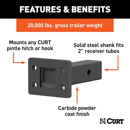CURT 48326 Pintle Mount for 2-Inch Hitch Receiver, 20,000 lbs, 6-Inch Length