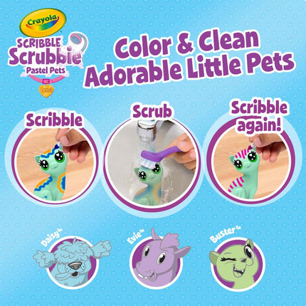 Crayola Scribble Scrubbie Pastel Pets (3 unidades), juguete de aseo de animales para niños, figura de animal lavable, regalo para niños, juguetes para niñas y niños, 3+