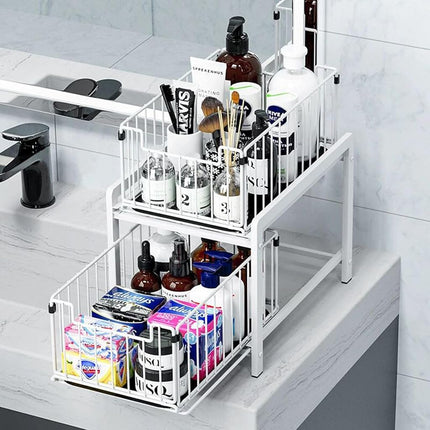 Pull-Out Sliding Drawer Cabinet Organizer, Slide-Out Stackable Under Sink Cabinet Organizer 2-Tier Storage Shelf, Multipurpose for Kitchen, Bathroom