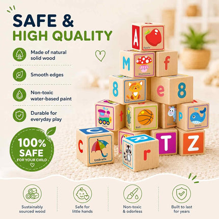 QUOKKA Wooden Blocks for Toddlers 1-3 - Cartoon 26 ABC Learning Baby Blocks for Kids 3-5-Year-Olds Stacking Alphabet Wood Toys for 2-4 yo - Educational with Letters Numbers