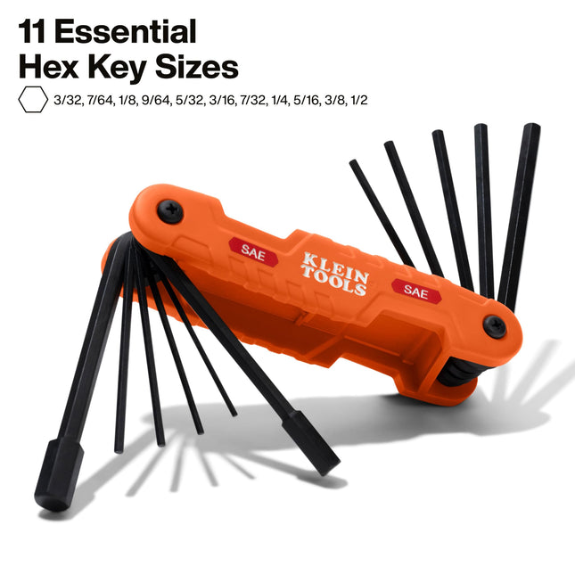 KLEIN TOOLS 70550 Hex Key Set, 11 SAE Sizes, Heavy Duty Folding Allen Wrench Tool with Extra Long Hex Keys
