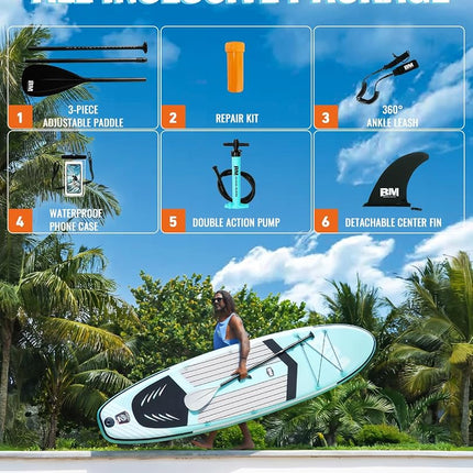 BEYOND MARINA Inflatable Paddle Board Stand Up Paddle Board, 320 x 81 x 15 cm Featherlight Sup Board for Youth & Adult, Premium Double Action Pump, Backpack, Fiberglass Paddle, Leash, Golf Mint Green