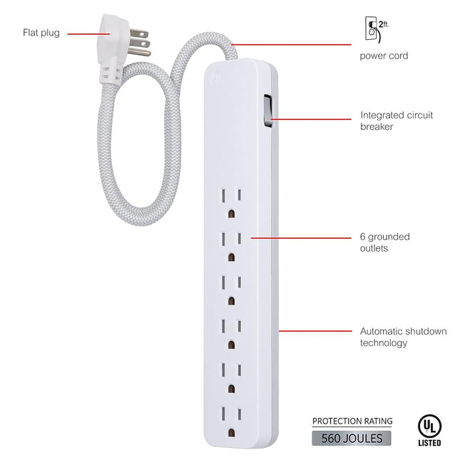 GE UltraPro 6-Outlet Power Bar Surge Protector, 2 Ft Designer Braided Extension Cord, 560 Joules, Flat Plug, Wall Mount, UL Listed, White, 45264