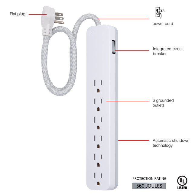 Multiprise parasurtenseur 6 prises GE UltraPro, cordon d'extension tressé design de 60 cm, 560 Joules, fiche plate, montage mural, certifié UL, blanc, 45264